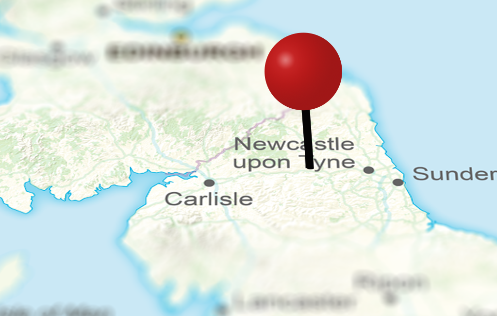 Map of United Kingdom with red pin over Fourstones Paper Mill in Northumberland